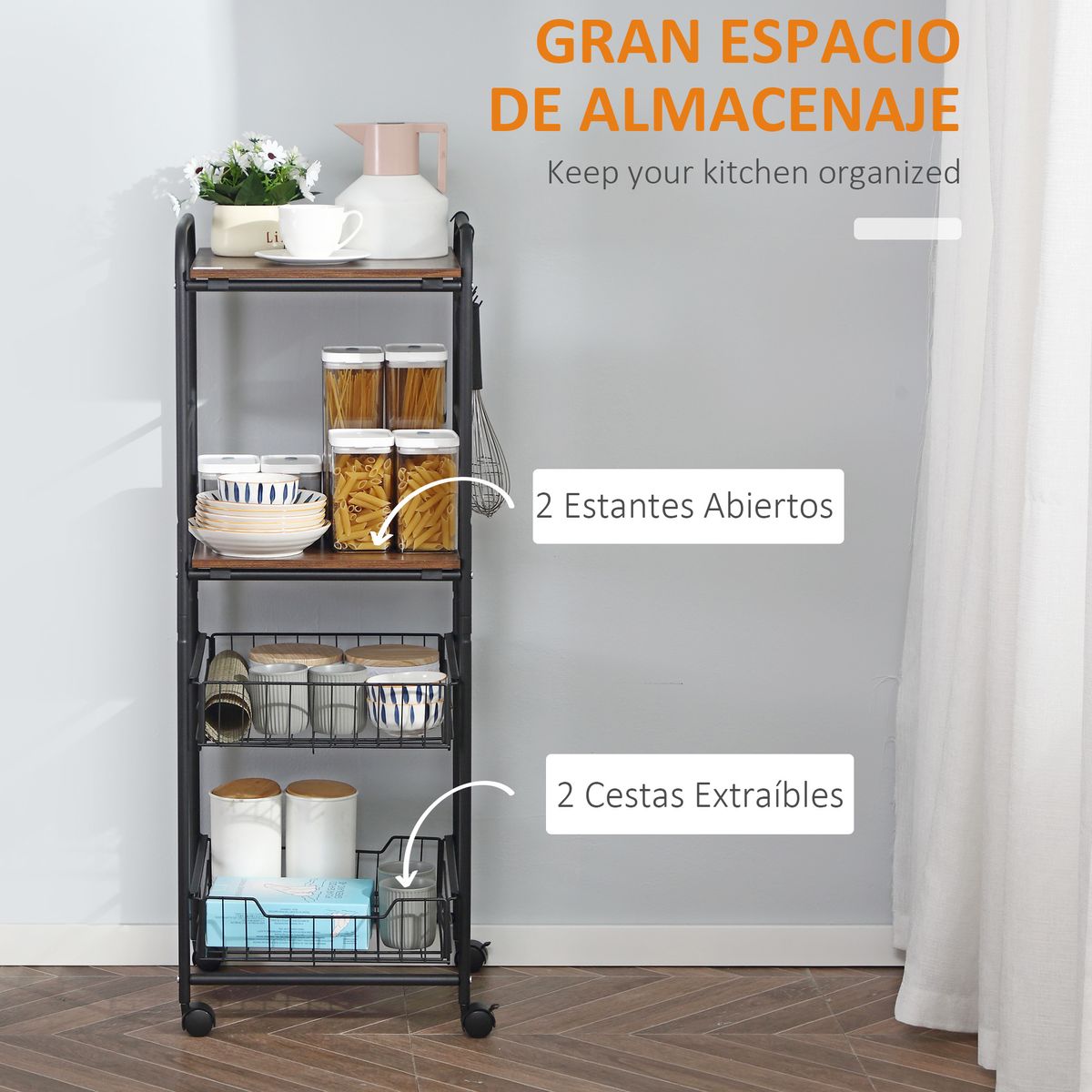 Carrito auxiliar Mieles 2 estantes + 2 cestas marrón/negro 111x40x38 cm