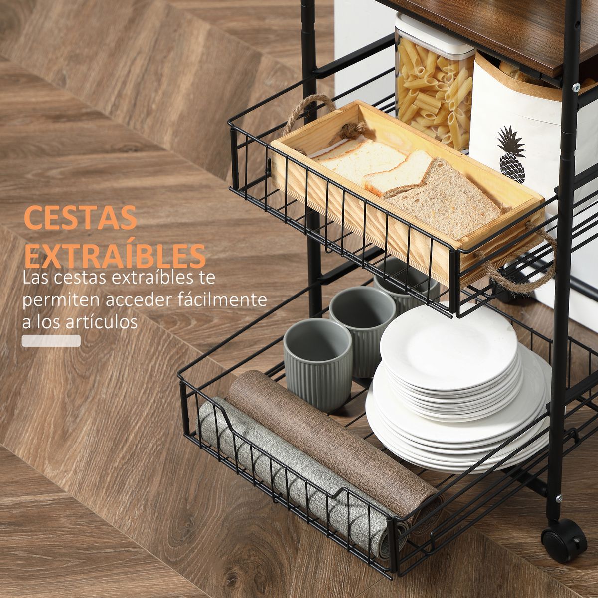 Carrito auxiliar Mieles 2 estantes + 2 cestas marrón/negro 111x40x38 cm