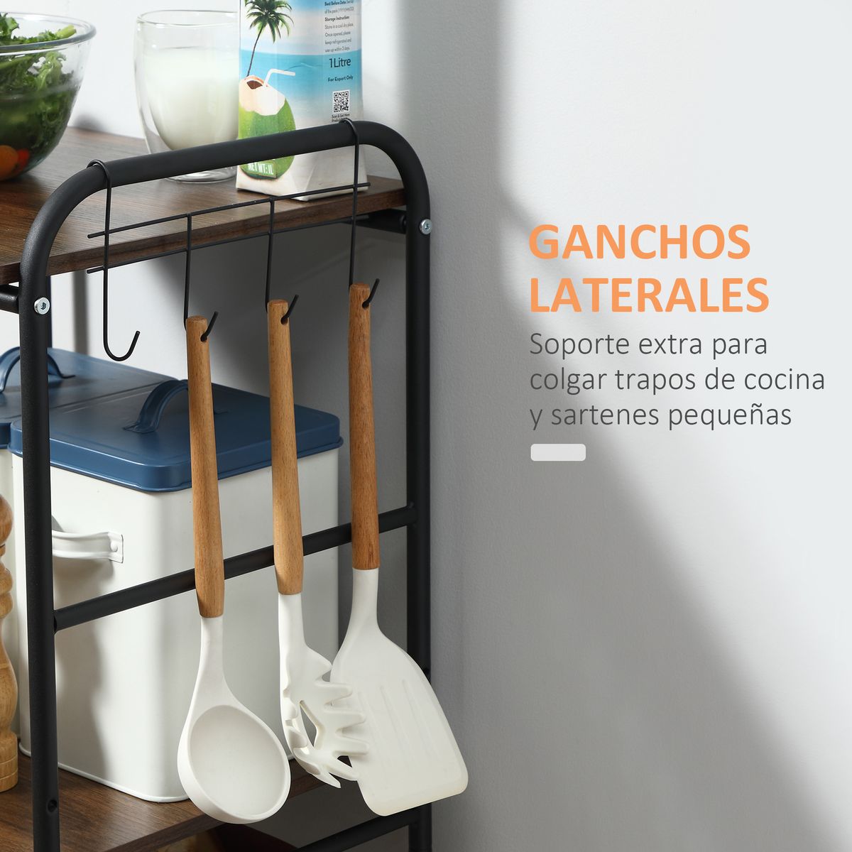 Carrito auxiliar Mieles 2 estantes + 2 cestas marrón/negro 111x40x38 cm