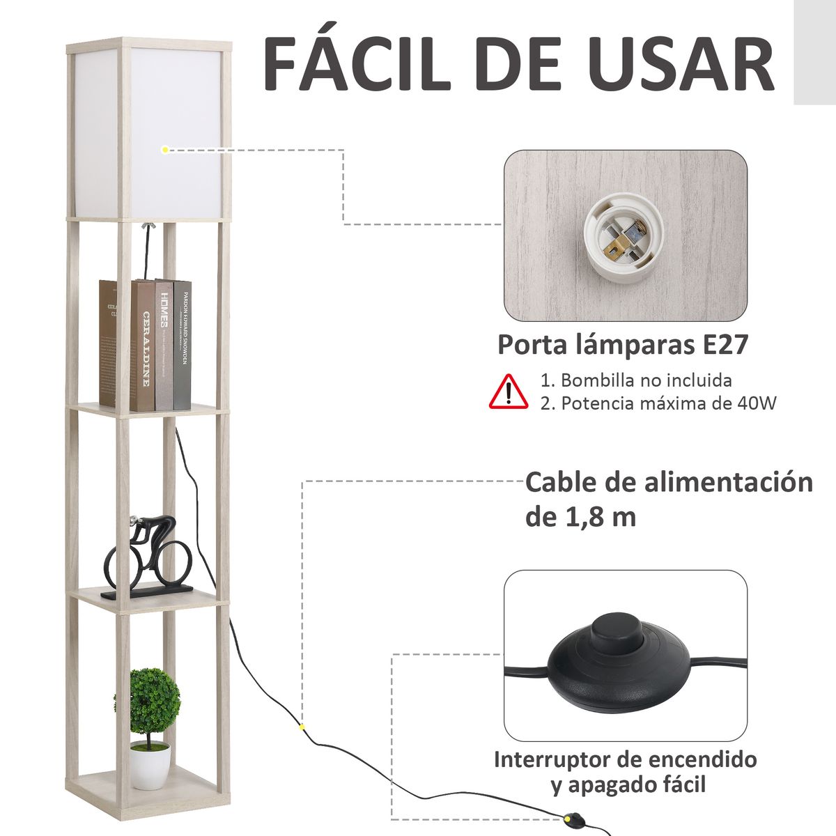 Lámpara de pie Tahi Homcom 40W 3 estantes roble/blanco 160x26 cm