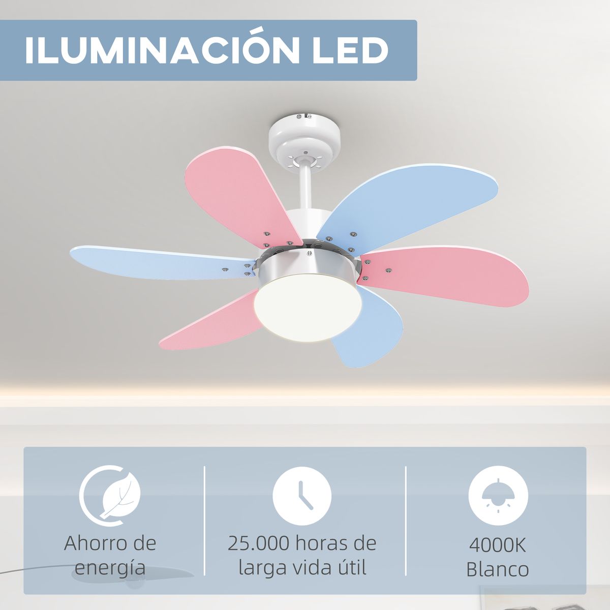 Ventilador de techo Lollipop Homcom 34W 6 aspas función verano/invierno azul/rosa Ø82,5 cm