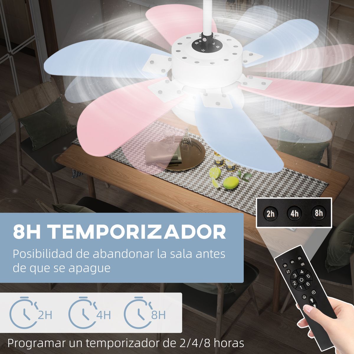Ventilador de techo Lollipop Homcom 34W 6 aspas función verano/invierno azul/rosa Ø82,5 cm