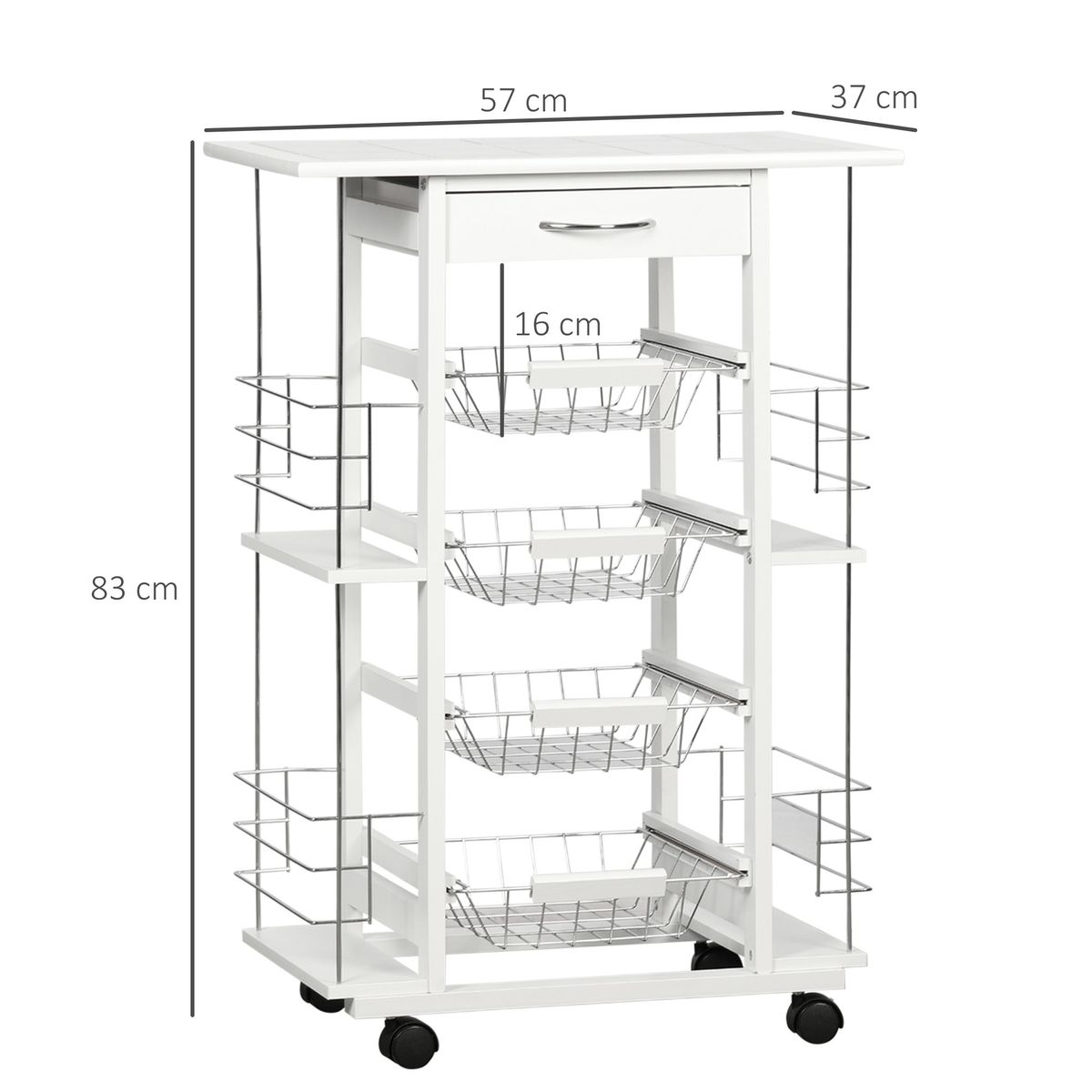 Carrito de cocina Pattay Homcom 4 niveles + cajón blanco 83x57x37 cm