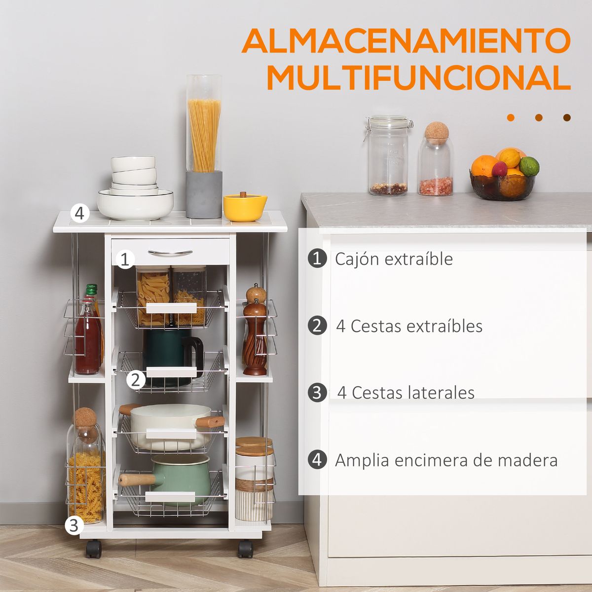 Carrito de cocina Pattay Homcom 4 niveles + cajón blanco 83x57x37 cm