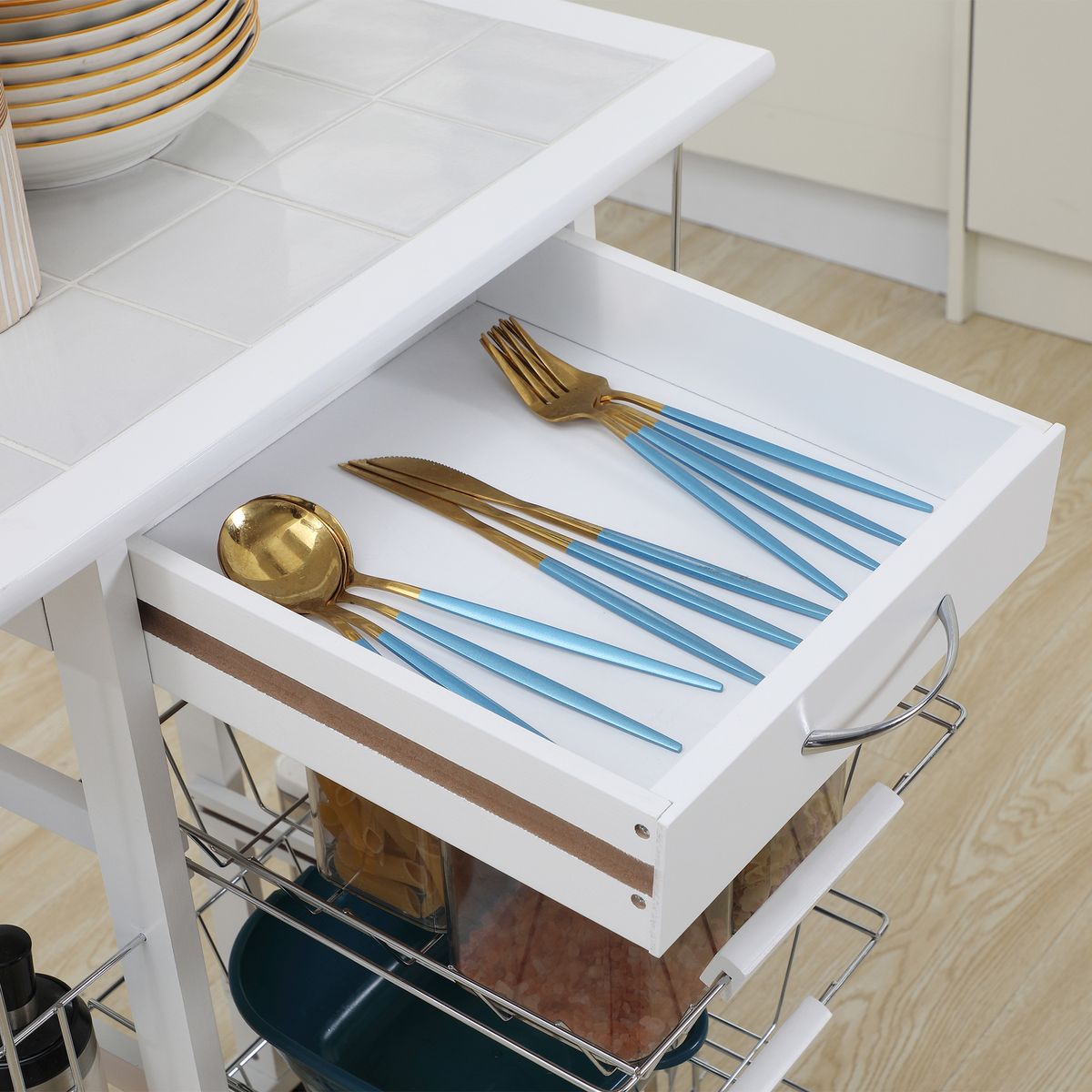 Carrito de cocina Pattay Homcom 4 niveles + cajón blanco 83x57x37 cm