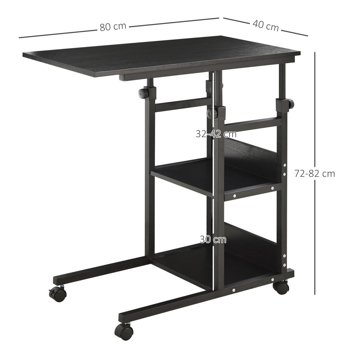 Mesa auxiliar Marte Homcom 3 niveles altura ajustable negro 72-82x80x40 cm medidas