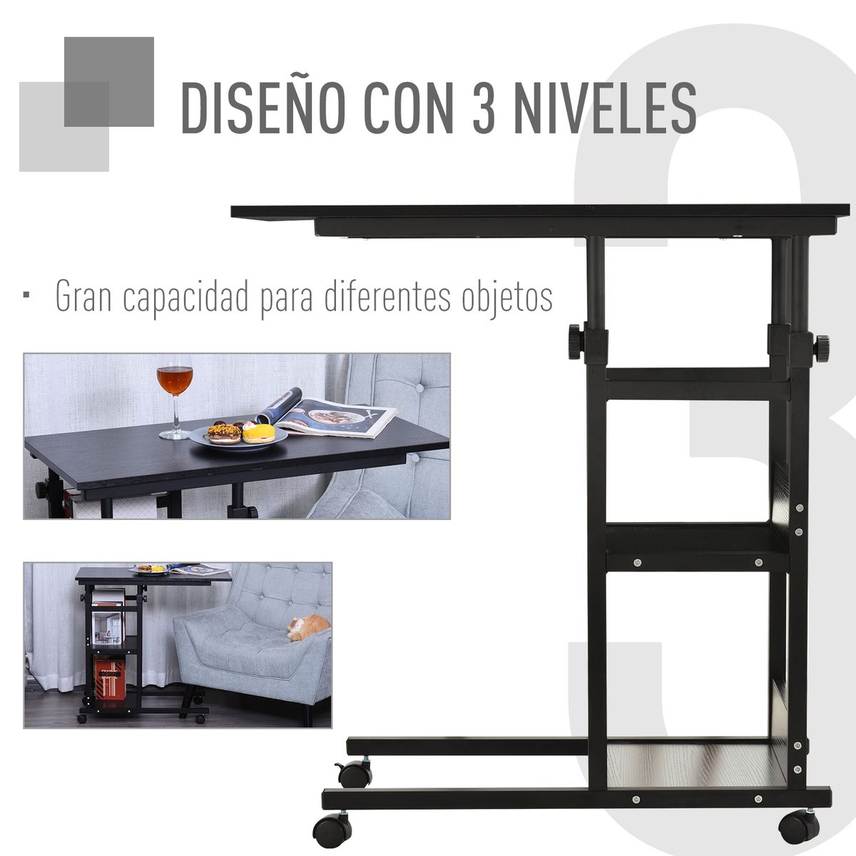 Mesa auxiliar Marte Homcom 3 niveles altura ajustable negro 72-82x80x40 cm