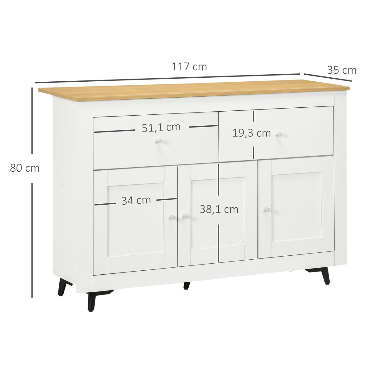 Aparador de cocina Namur Homcom 2 cajones + 3 puertas blanco/natural 80x117x35 cm