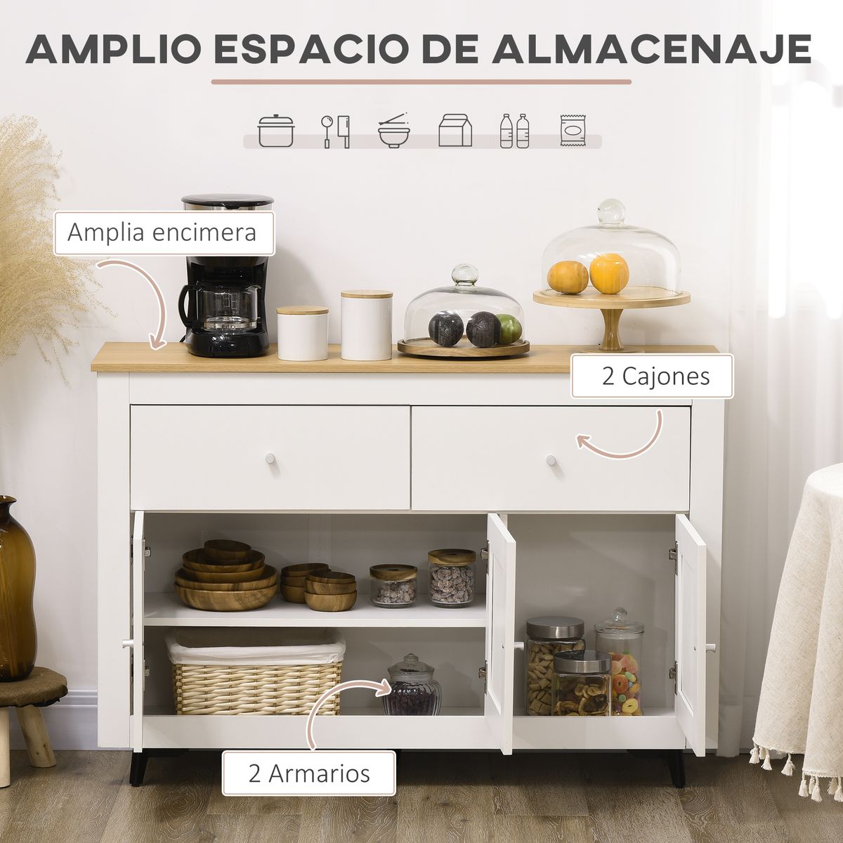Aparador de cocina Namur Homcom 2 cajones + 3 puertas blanco/natural 80x117x35 cm