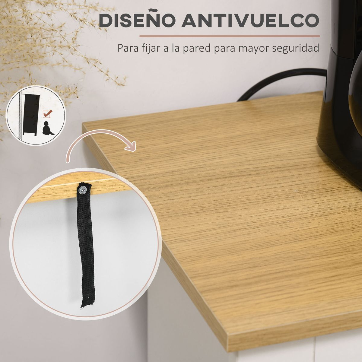 Aparador de cocina Namur Homcom 2 cajones + 3 puertas blanco/natural 80x117x35 cm