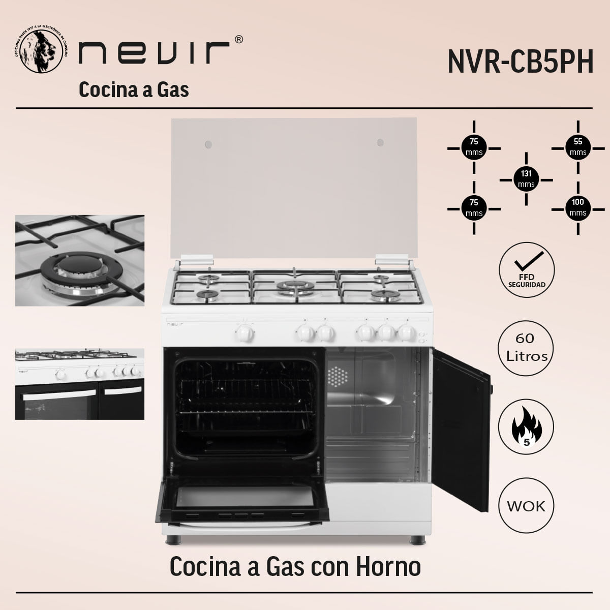Cocina de gas con horno Nevir NVR-CB5PH 13250W 60L con tapa blanco 85 cm