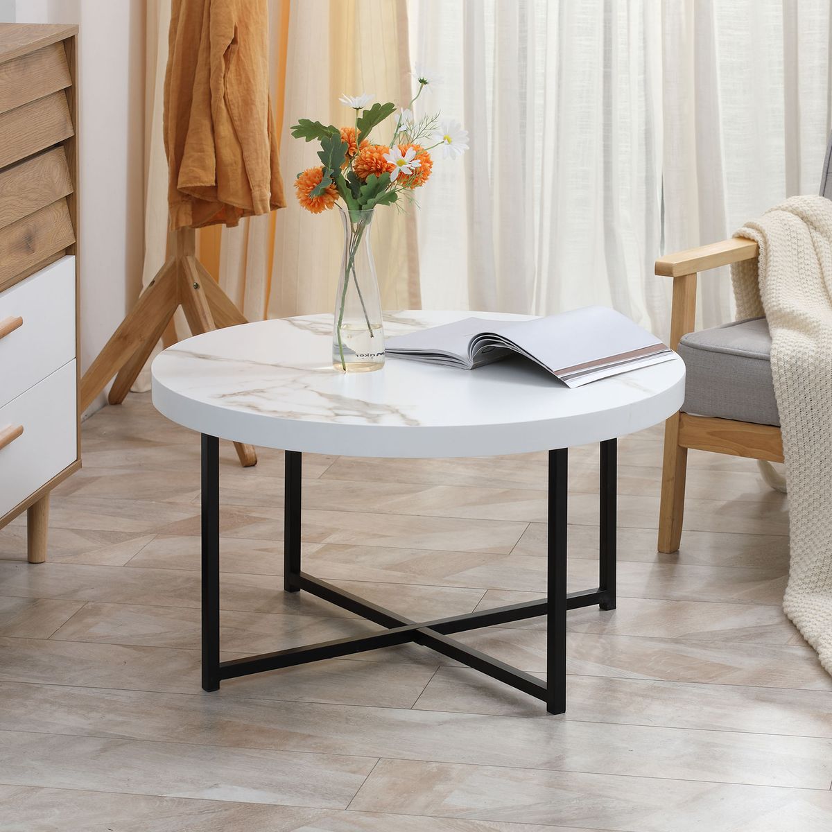 Mesa de centro Onar Homcom símil mármol blanco Ø80x45 cm