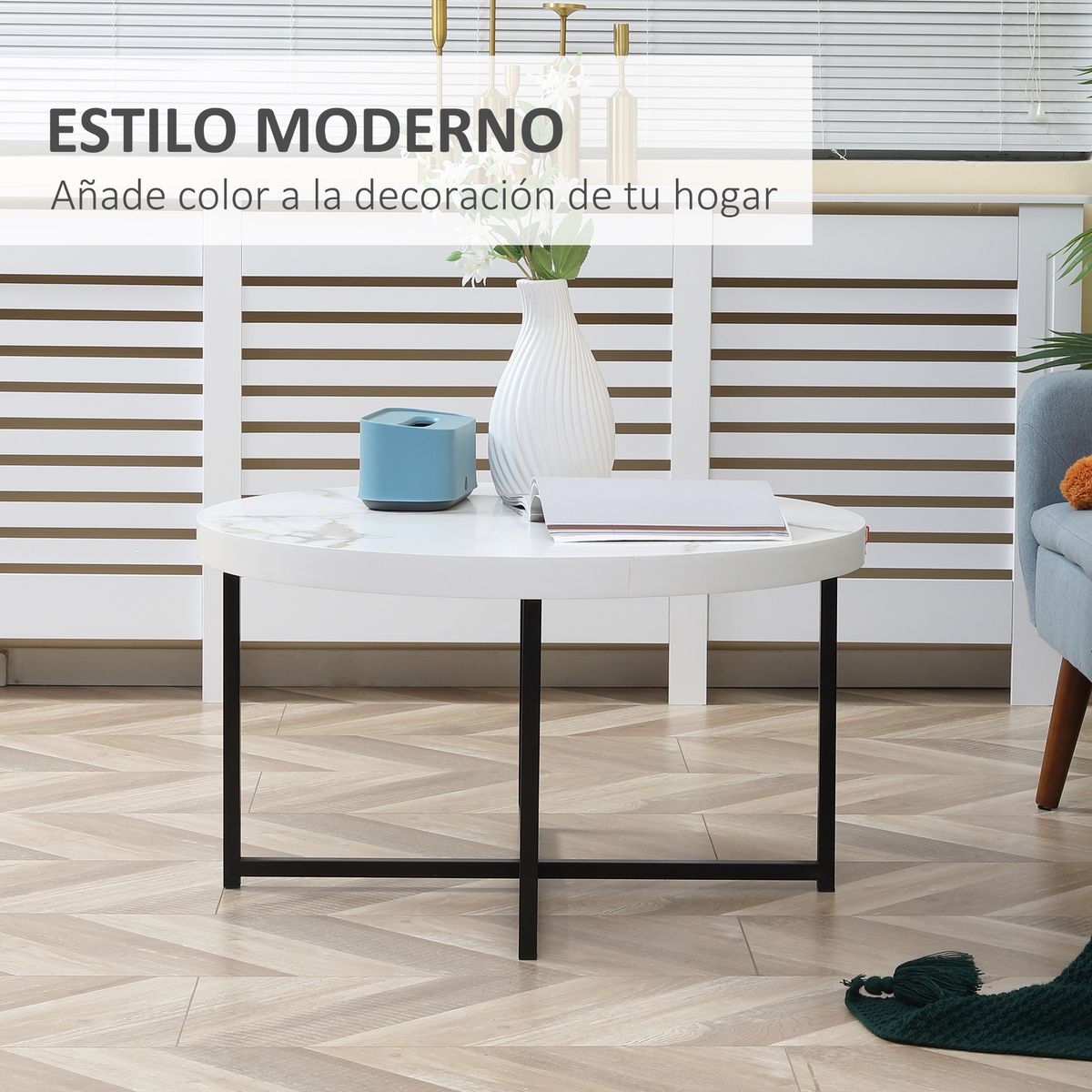 Mesa de centro Onar Homcom símil mármol blanco Ø80x45 cm