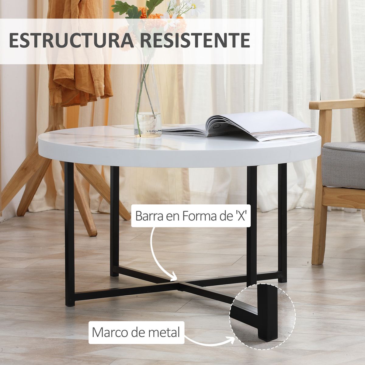 Mesa de centro Onar Homcom símil mármol blanco Ø80x45 cm