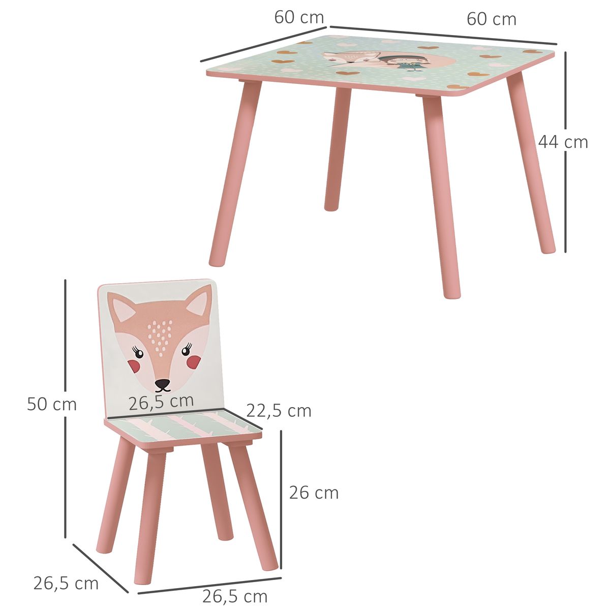 Conjunto de mesa y 2 sillas infantiles River Zonekiz +3A rosa medidas