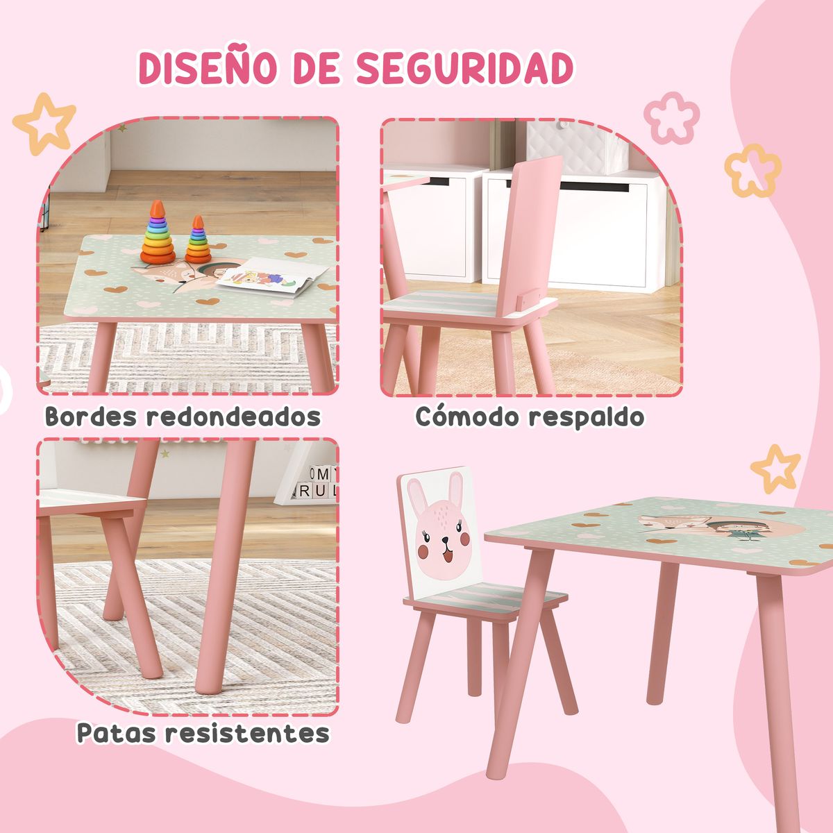 Conjunto de mesa y 2 sillas infantiles River Zonekiz +3A rosa detalle