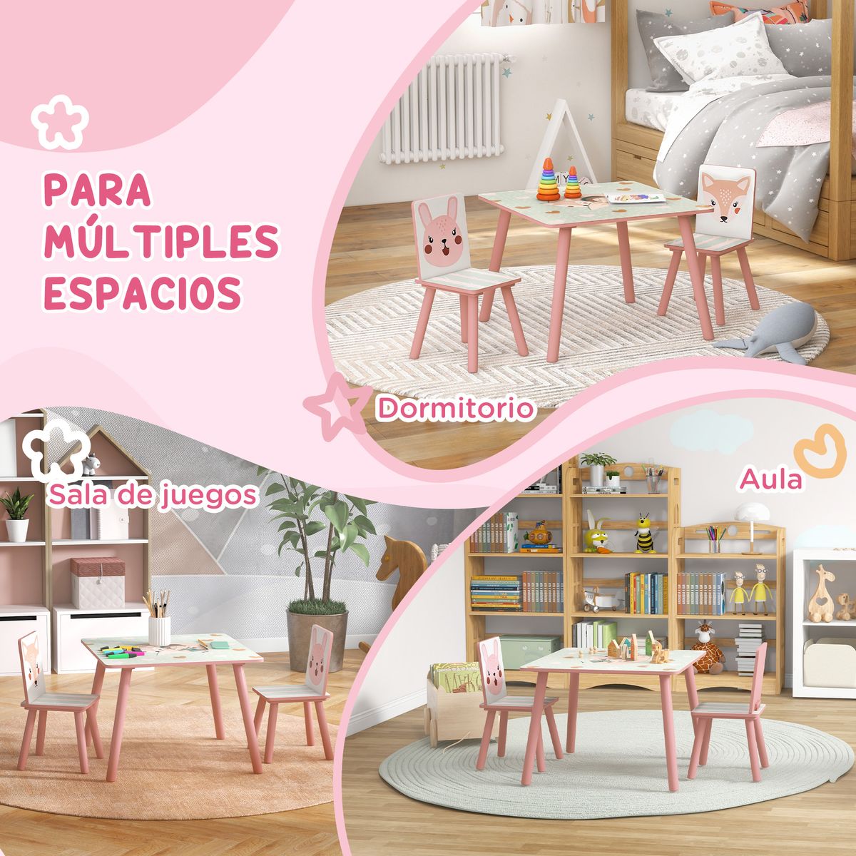 Conjunto de mesa y 2 sillas infantiles River Zonekiz +3A rosa
