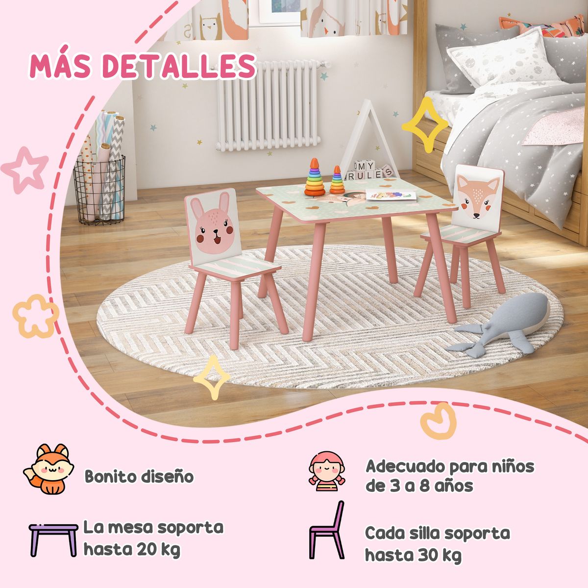 Conjunto de mesa y 2 sillas infantiles River Zonekiz +3A rosa