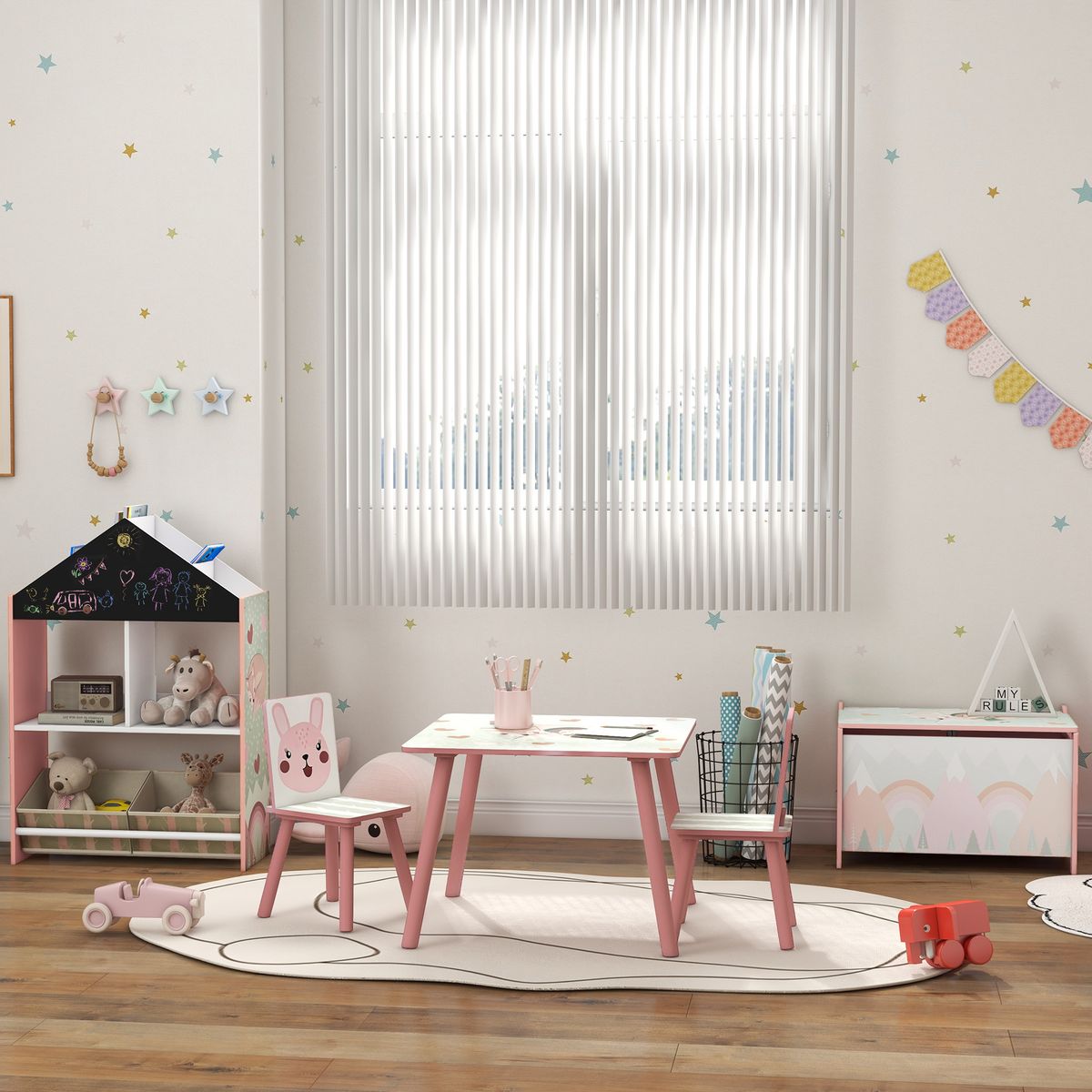 Conjunto de mesa y 2 sillas infantiles River Zonekiz +3A rosa fondo animado