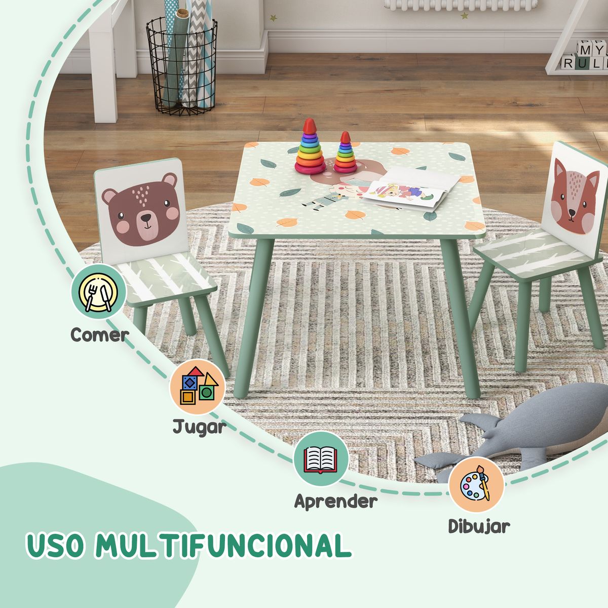 Conjunto de mesa y 2 sillas infantiles River Zonekiz +3A verde