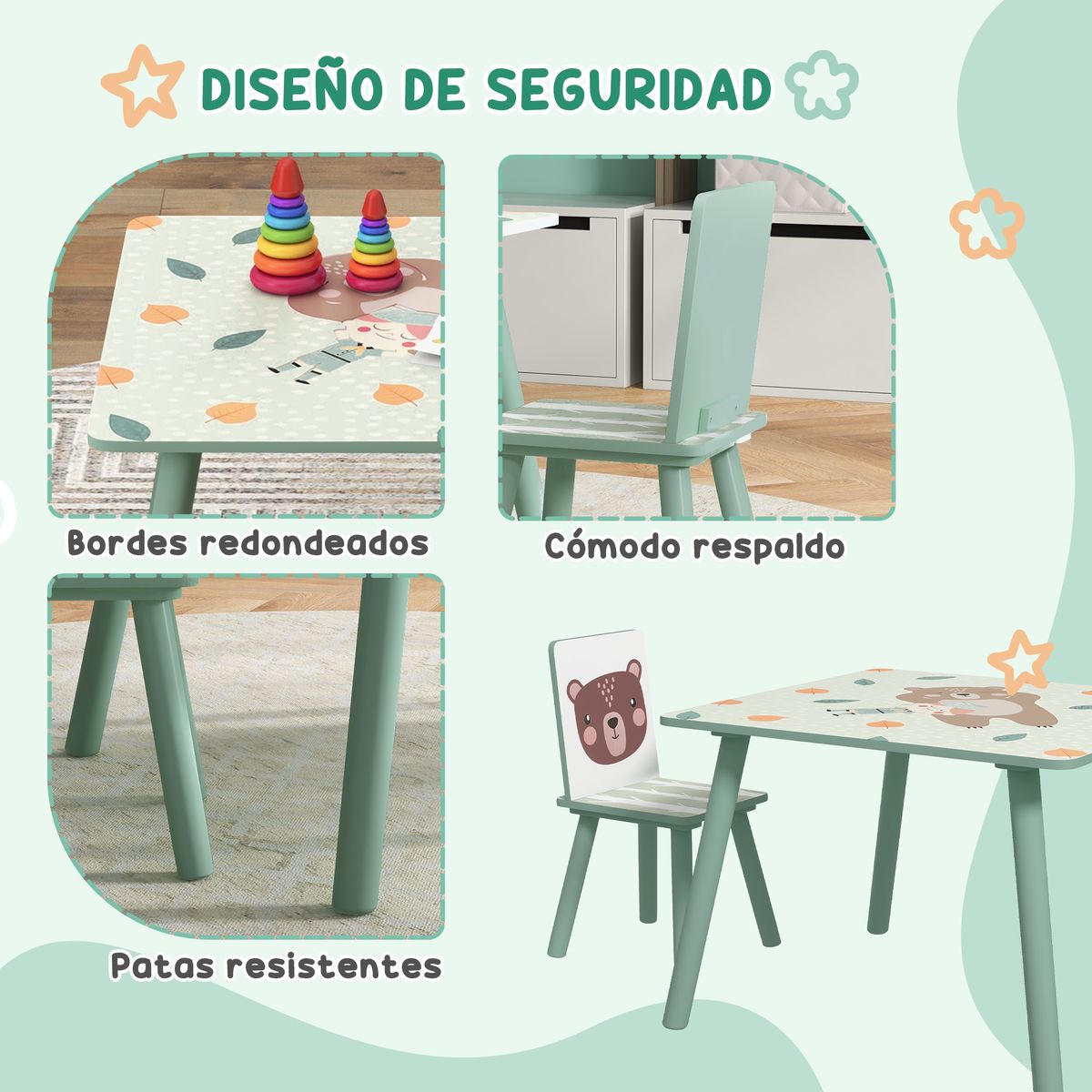 Conjunto de mesa y 2 sillas infantiles River Zonekiz +3A verde  caracteristicas