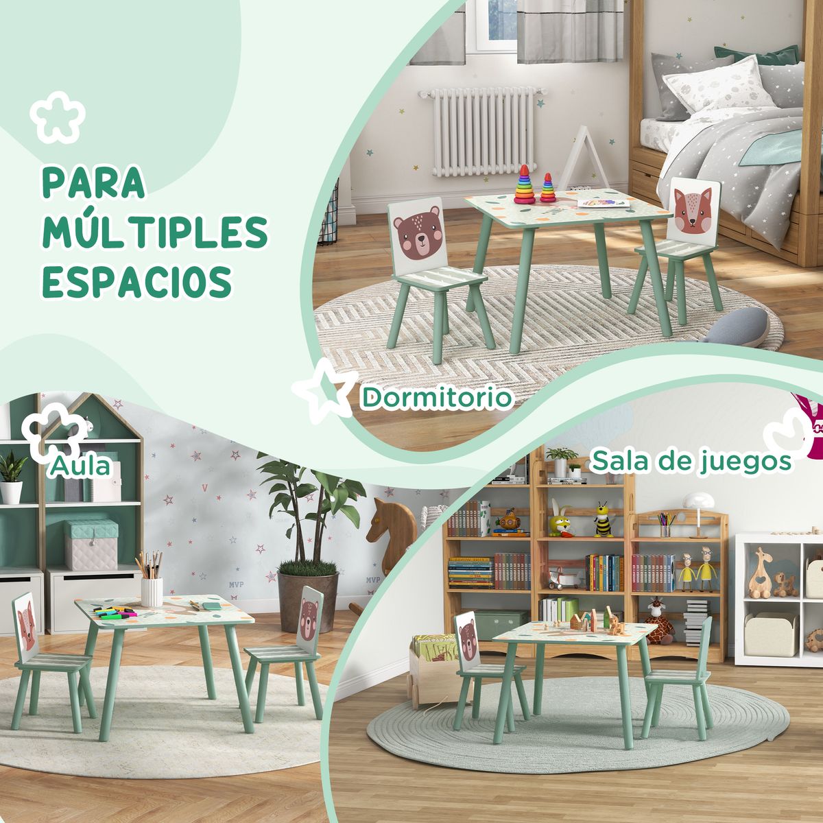 Conjunto de mesa y 2 sillas infantiles River Zonekiz +3A verde