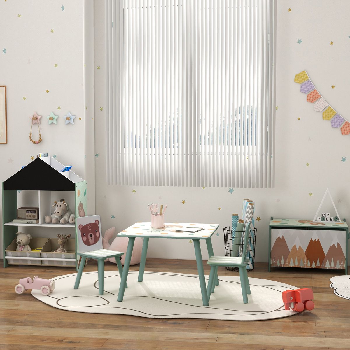 Conjunto de mesa y 2 sillas infantiles River Zonekiz +3A verde  animada