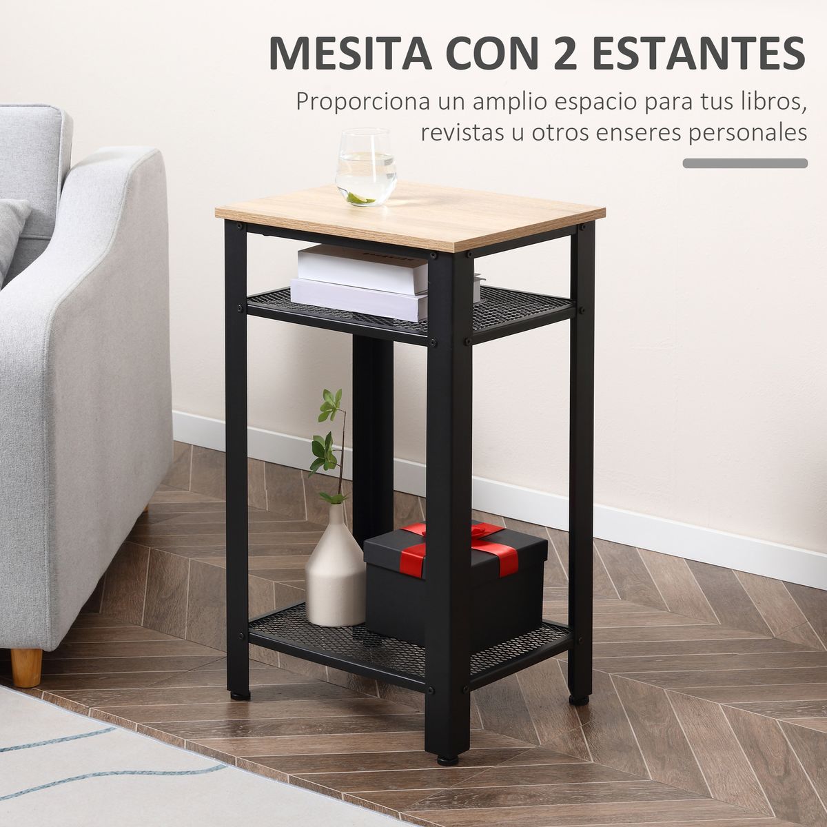 Mesita auxiliar Lena Homcom 2 estantes natural/negro 75x45x35 cm