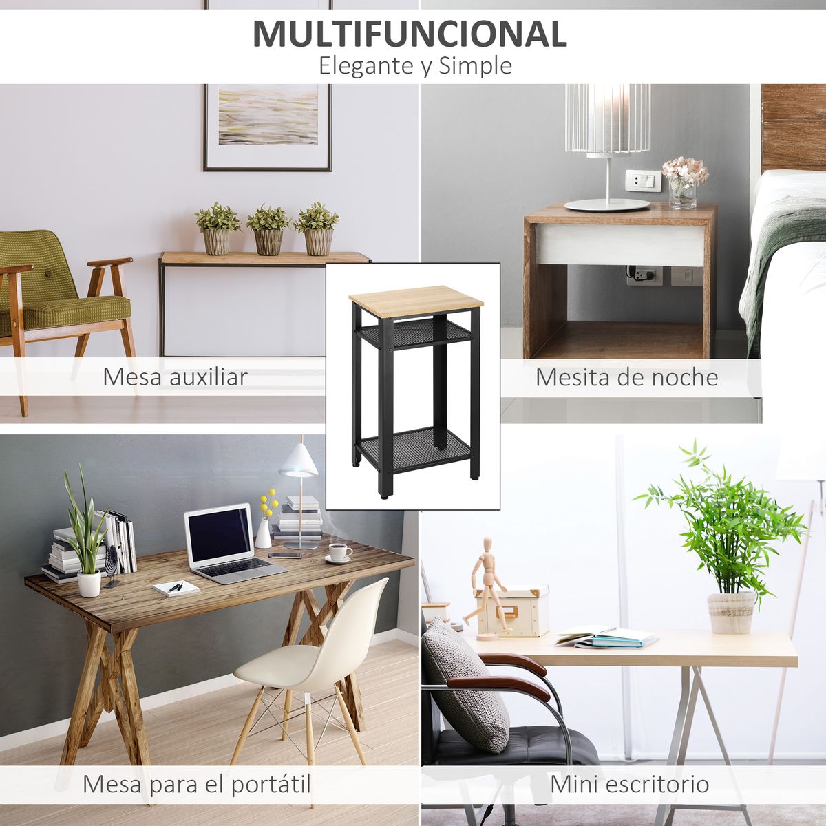 Mesita auxiliar Lena Homcom 2 estantes natural/negro 75x45x35 cm