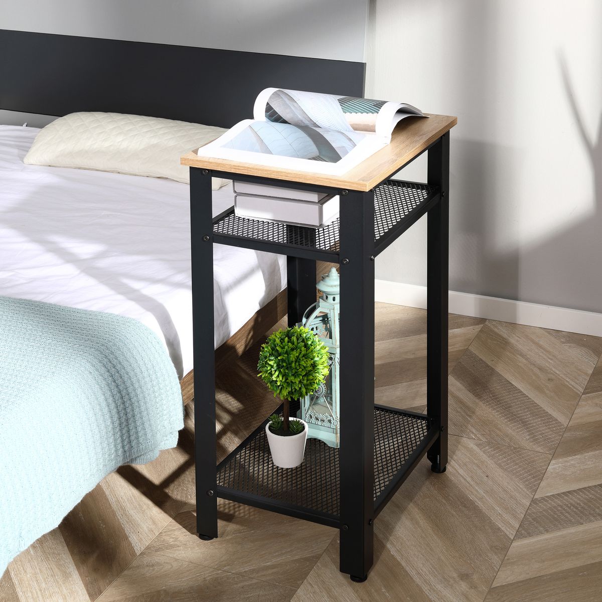 Mesita auxiliar Lena Homcom 2 estantes natural/negro 75x45x35 cm