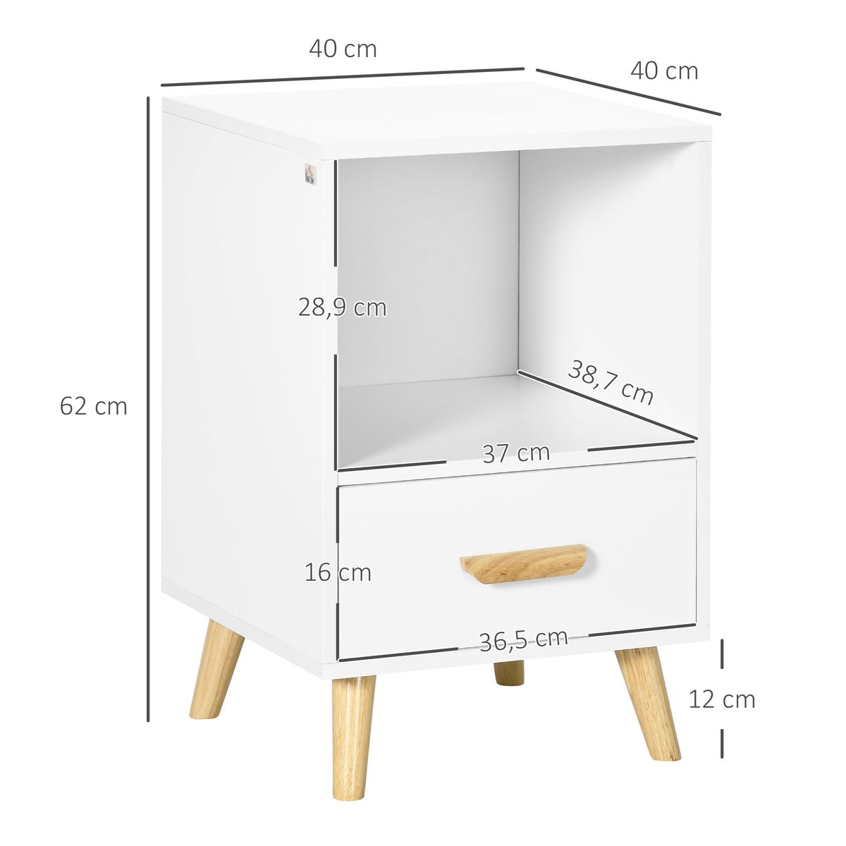 Mesita de noche Blanca Homcom 1 cajón + 1 módulo blanco/natural 62x40x40 cm
