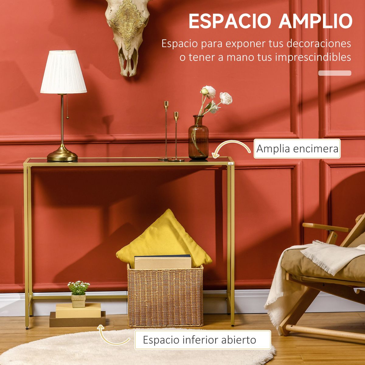 Consola recibidor Bahía Homcom vidrio templado blanco/dorado 80x100,5x35,5 cm