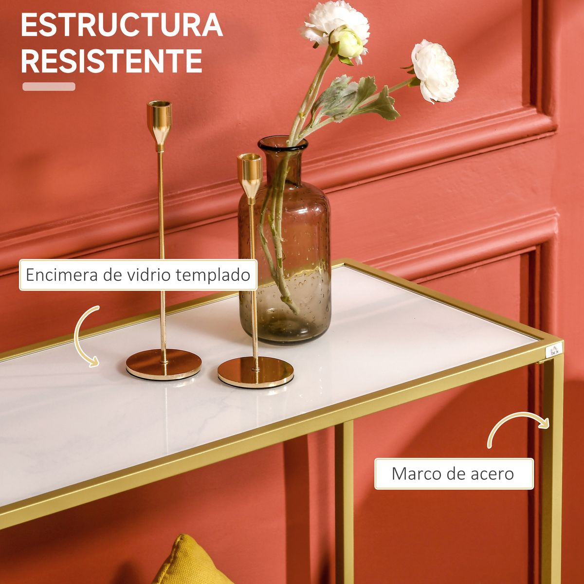 Consola recibidor Bahía Homcom vidrio templado blanco/dorado 80x100,5x35,5 cm