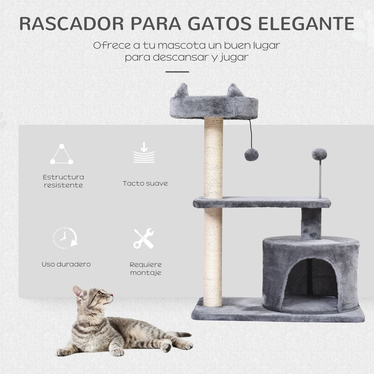 Rascador para gatos PawHut con cama gris 81x60x40 cm
