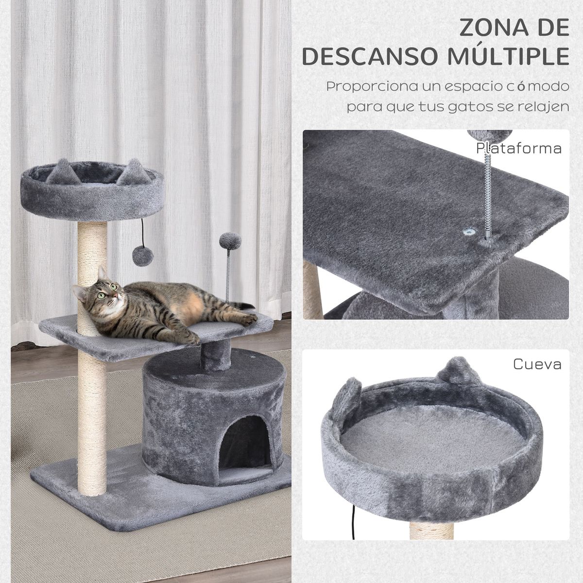 Rascador para gatos PawHut con cama gris 81x60x40 cm