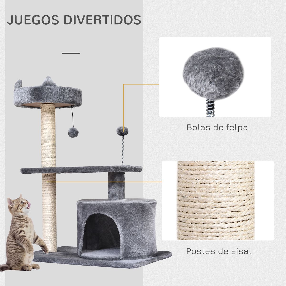 Rascador para gatos PawHut con cama gris 81x60x40 cm