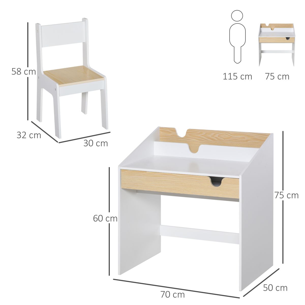 Escritorio infantil Niebla Homcom con silla + cajón + estante +3 a 6 años blanco/natural 75x70x50 cm medidas