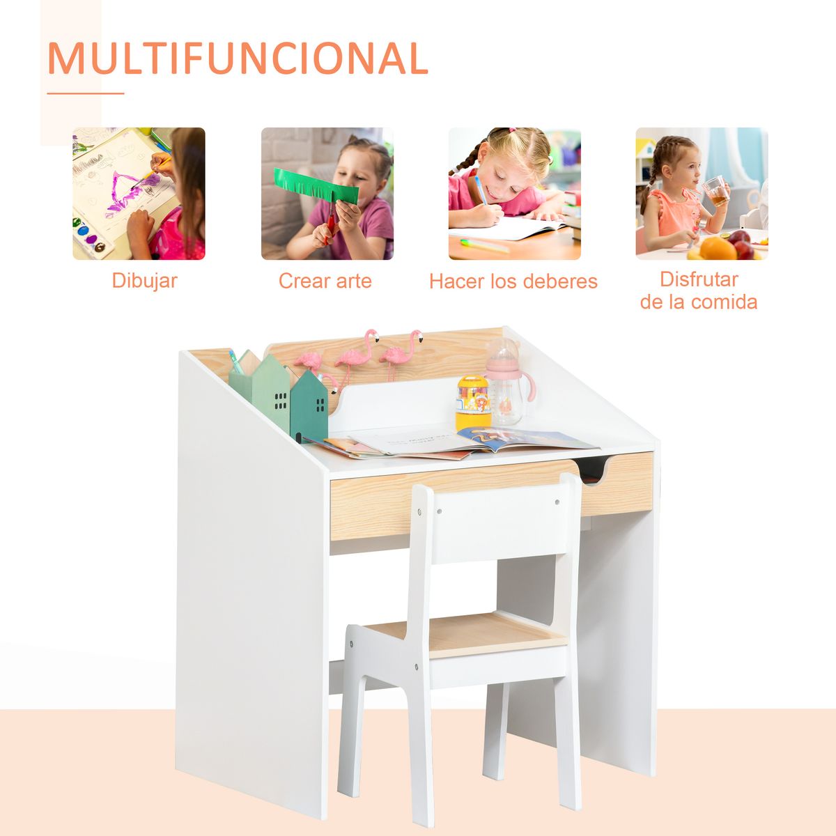 Escritorio infantil Niebla Homcom con silla + cajón + estante +3 a 6 años blanco/natural 75x70x50 cm