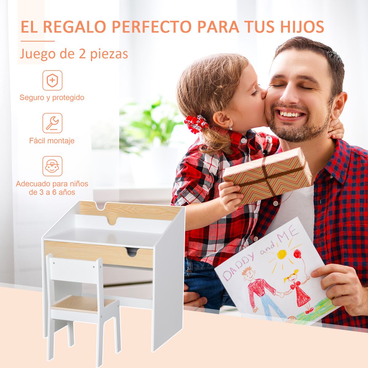 Escritorio infantil Niebla Homcom con silla + cajón + estante +3 a 6 años blanco/natural 75x70x50 cm