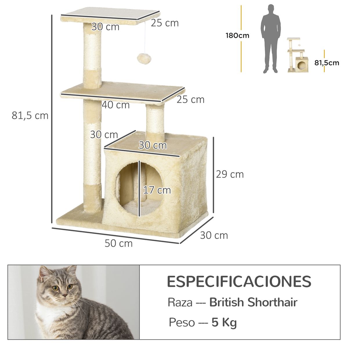Rascador para gatos PawHut con cama beige 81,5x50x30 cm