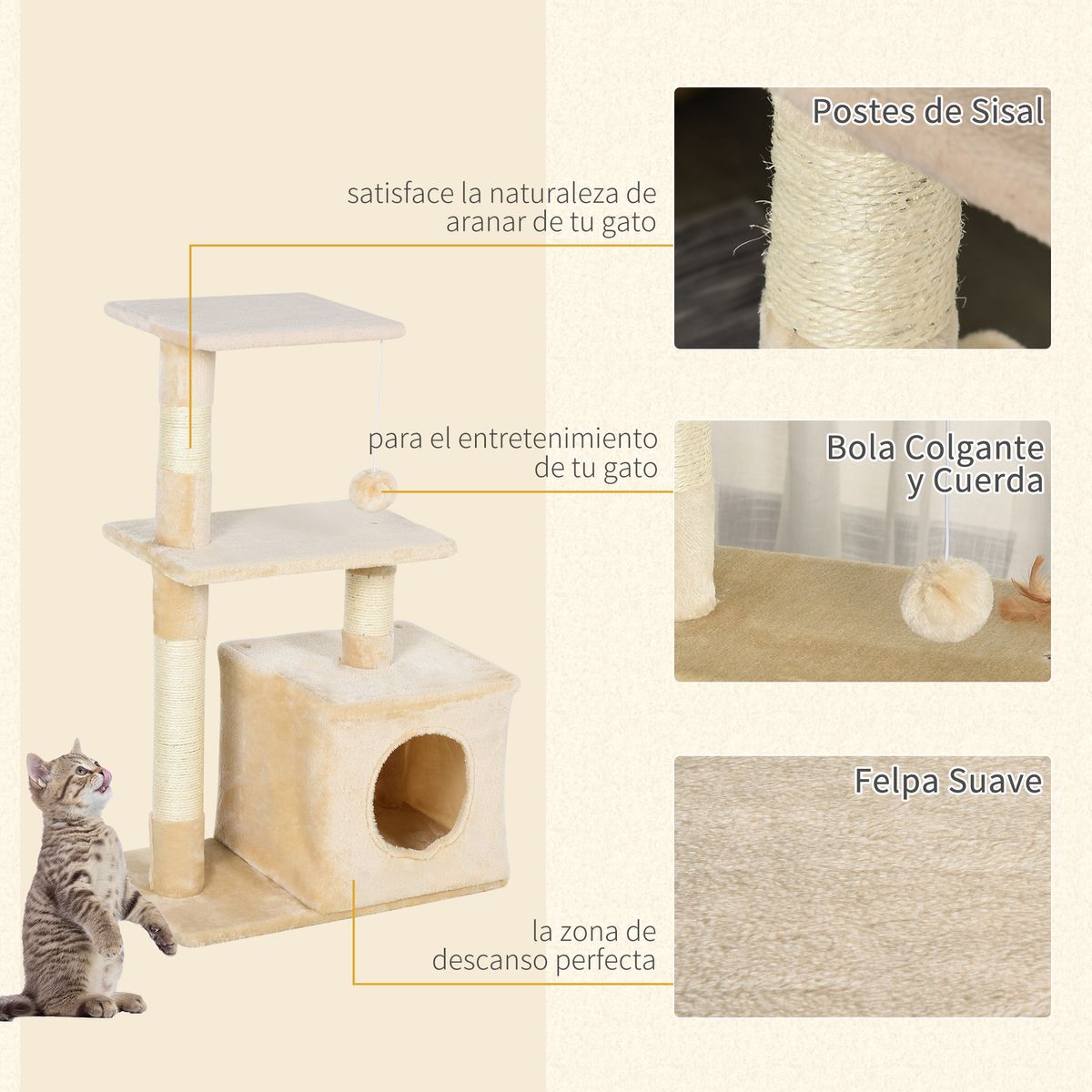 Rascador para gatos PawHut con cama beige 81,5x50x30 cm