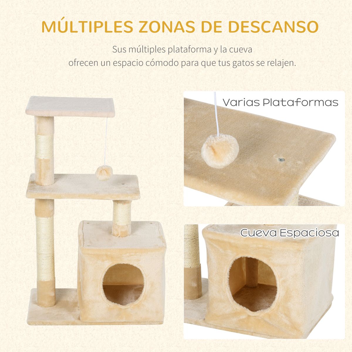 Rascador para gatos PawHut con cama beige 81,5x50x30 cm