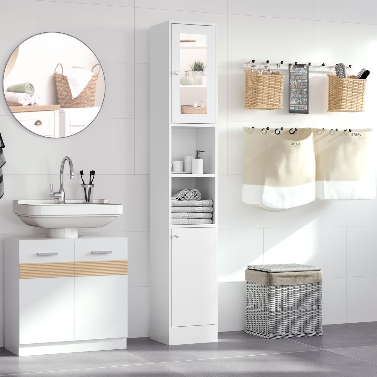 Armario alto de baño Onnie Kleankin 2 estantes + 2 puertas blanco 180x30x28 cm