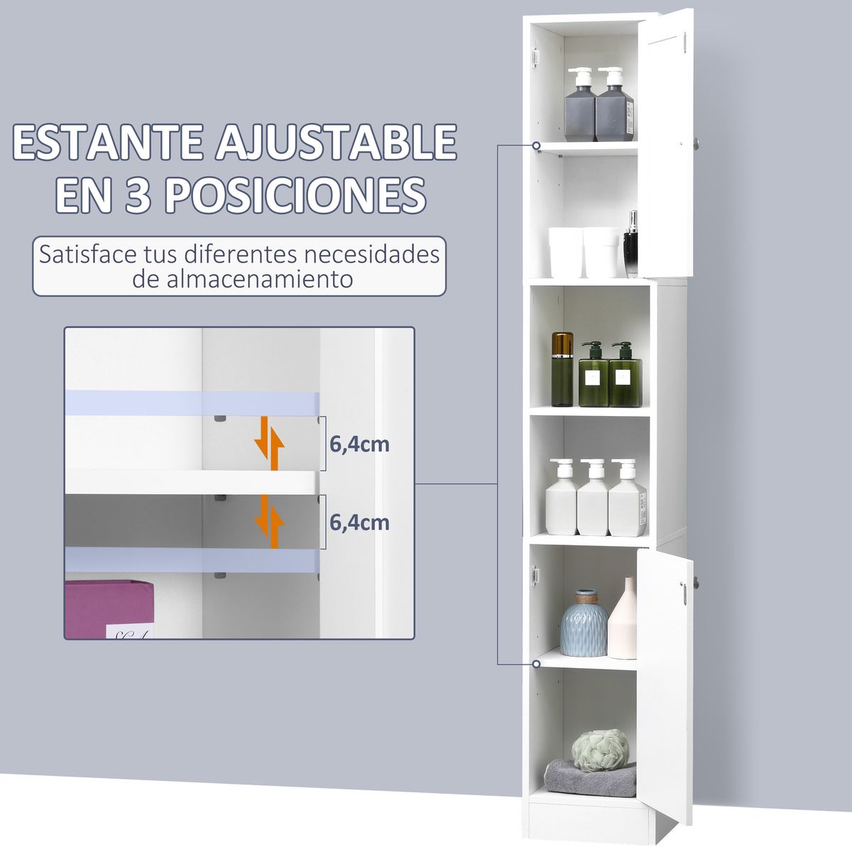 Armario alto de baño Onnie Kleankin 2 estantes + 2 puertas blanco 180x30x28 cm