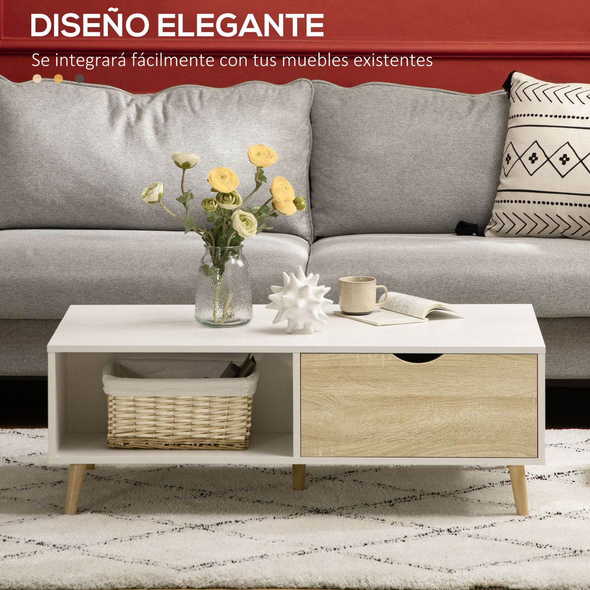 Mesa de centro Bogul Homcom 2 cajones + 2 compartimentos blanco/natural 39,5x106x58 cm