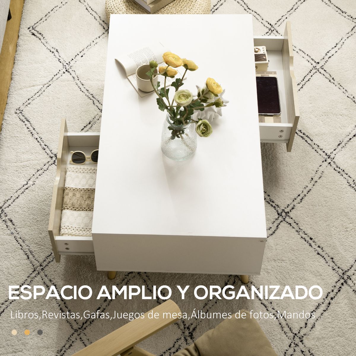 Mesa de centro Bogul Homcom 2 cajones + 2 compartimentos blanco/natural 39,5x106x58 cm