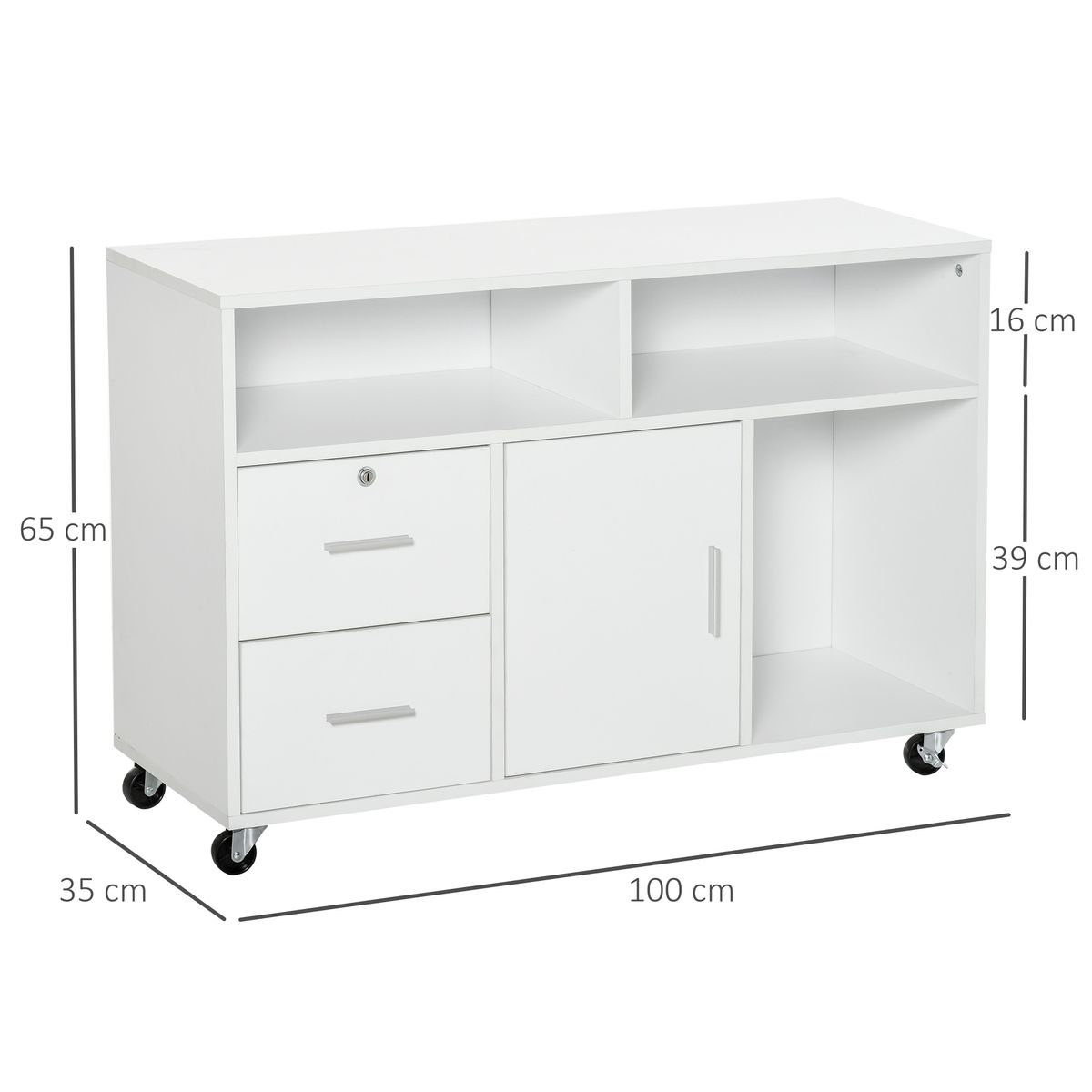 Mueble auxiliar Demmy Homcom 2 cajones + armario + 3 compartimentos blanco 65x100x35 cm