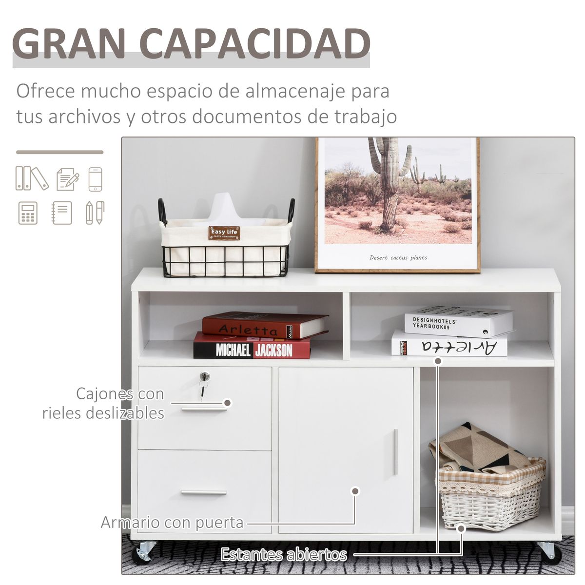 Mueble auxiliar Demmy Homcom 2 cajones + armario + 3 compartimentos blanco 65x100x35 cm