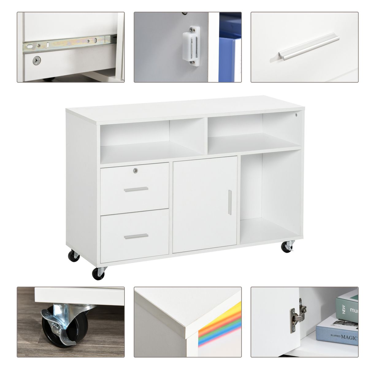Mueble auxiliar Demmy Homcom 2 cajones + armario + 3 compartimentos blanco 65x100x35 cm