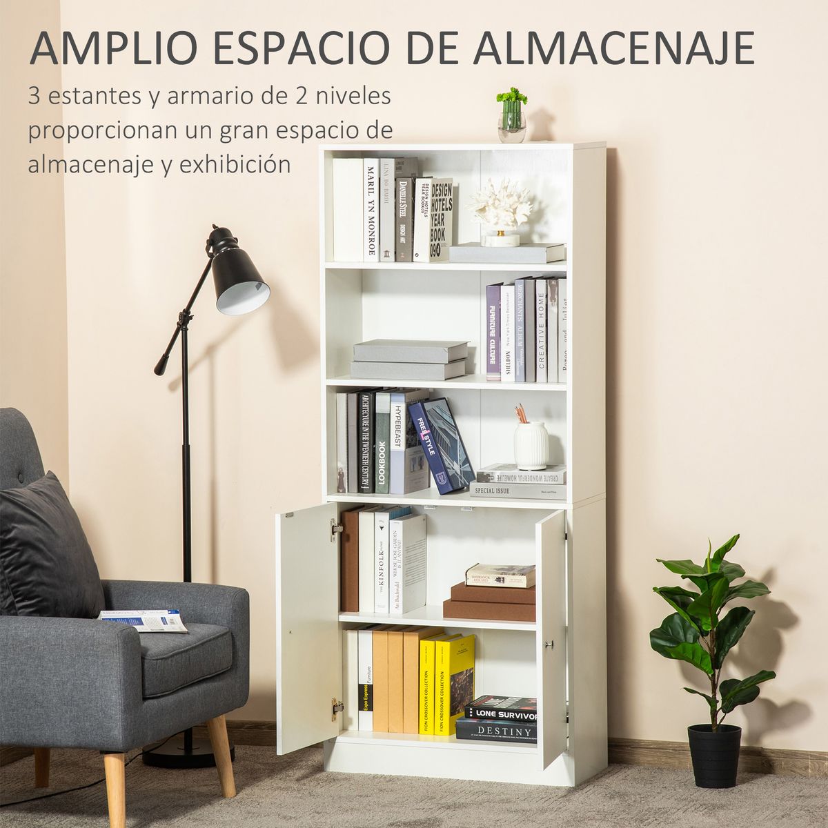 Estantería Grove Homcom 3 compartimentos + armario blanco 167x70x29,5 cm